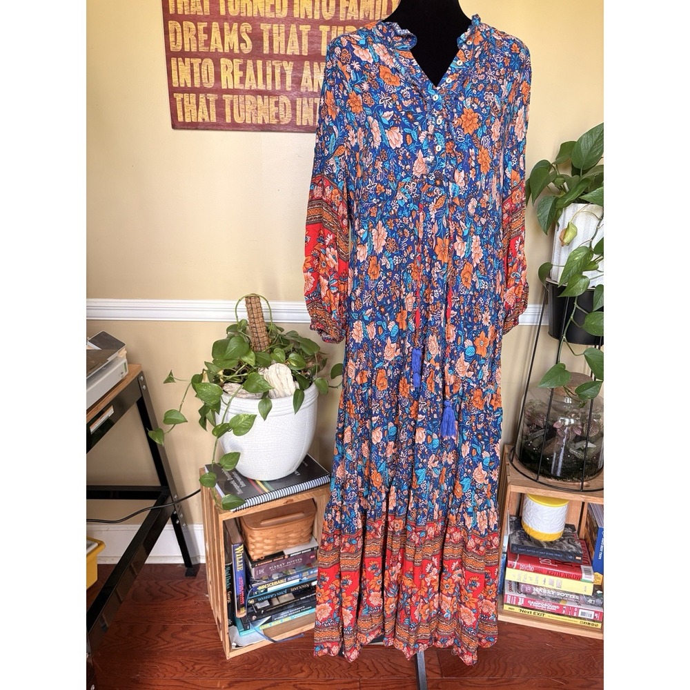 Floral Button Up Prairie Maxi Dress L Long Sleeve Tiered Autumn Fall Cottagecore